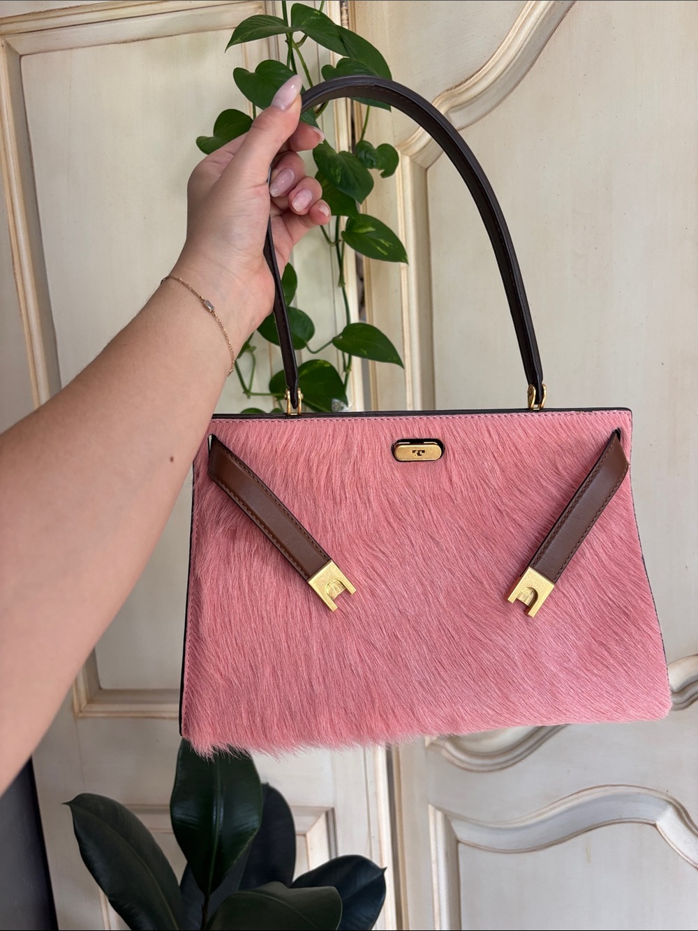 Tory Burch Lee Radziwill Pink Haircalf Top-Handle Women's Bag with Brown Trim